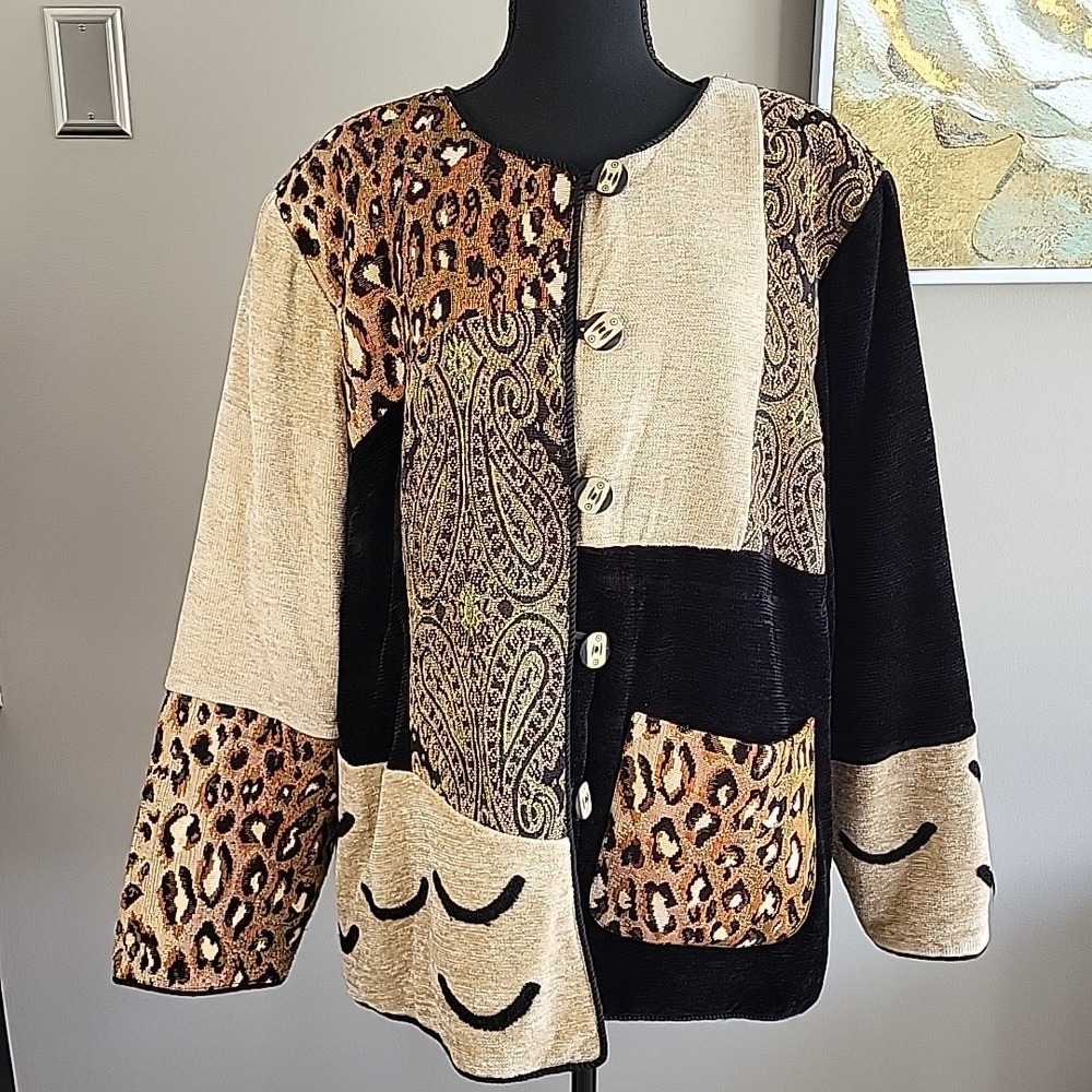 VINTAGE Indigo‎ Moon Embroidered Button Jacket Gold Black Leopard Print Patches